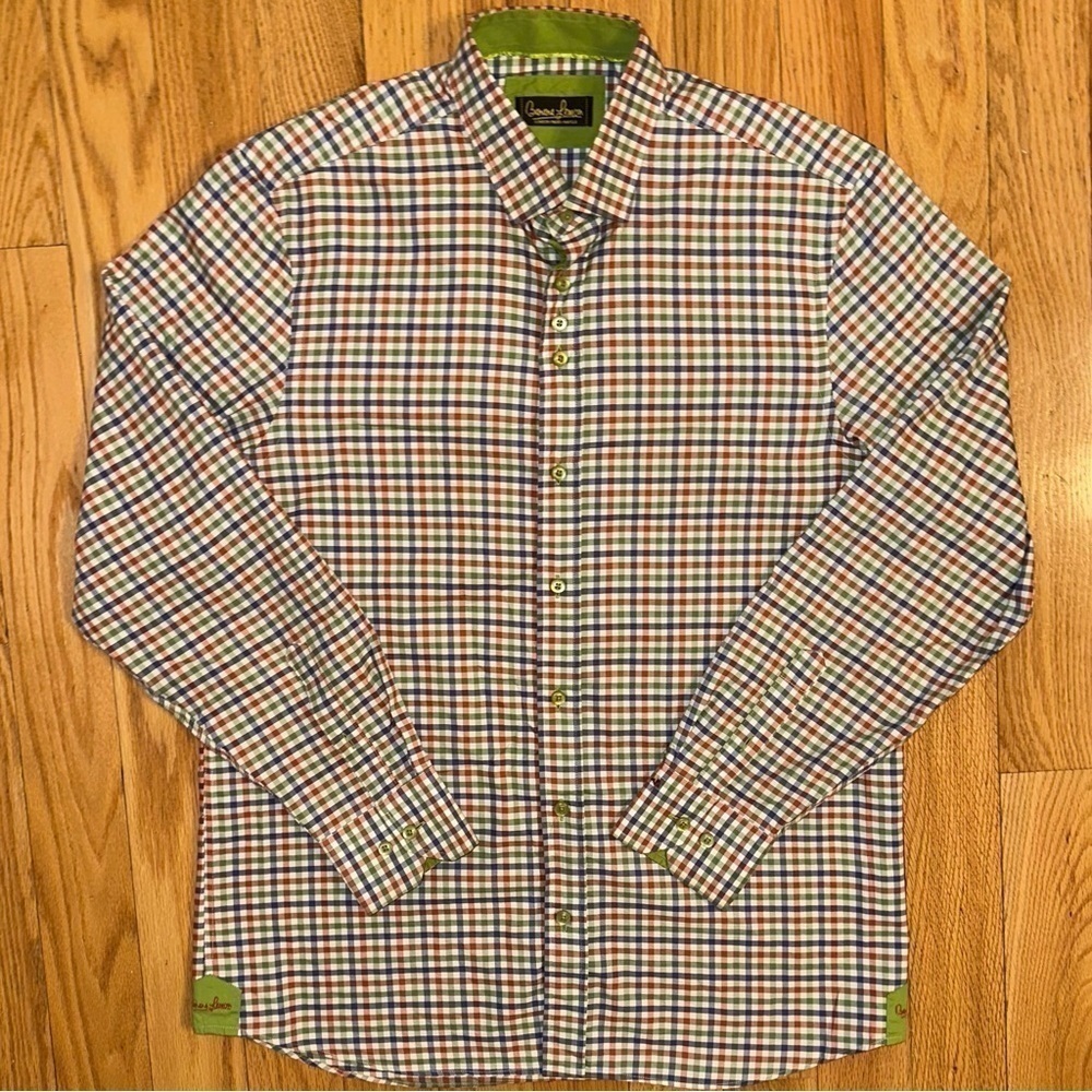 Banana Lemon Mens Button Up Long Sleeve Shirt rust navy green checkered plaid L